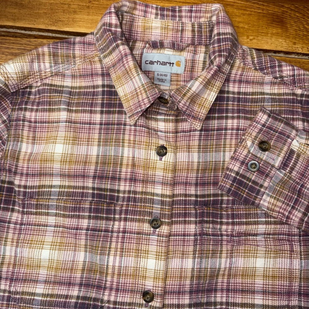 Carhartt Plaid Flannel Button Up Shirt Womens Small Purple Pink Long Sleeve